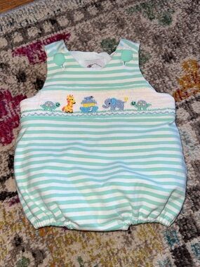 Striped Mint & White Baby Romper with Animal Smocking- seaux smocked